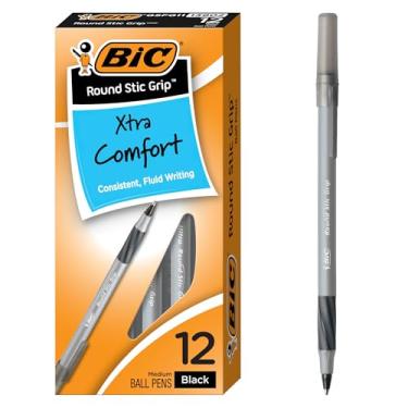 Imagem de BIC Round Stic® Grip™ Xtra-Comfort Caneta esferográfica média, preta, pacote com 12