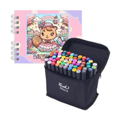 Imagem de Kit Estojo de Colorir 60 Canetinhas Livro de Colorir Capivara Canetas 