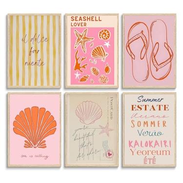 Imagem de Arte de parede em tela de praia rosa com conchas de estrelas do mar, fotos de cartões postais, pinturas pré-universitárias, pôsteres de férias para quarto de meninas, dormitório, casa, sala de estar