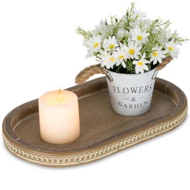 Imagem de Hanobe Bandeja de servir decorativa madeira: Bandeja oval de contas marrom para mesa de centro bandejas de madeira rústicas decoração casa de fazenda bandeja de balcão de cozinha vintage para sala de estar organizador de casa