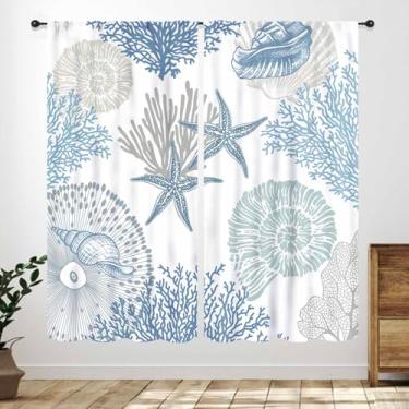 Imagem de Cortinas náuticas costeiras, verão azul oceano estrela-do-mar concha coral praia cortina temática para cozinha, quarto, sala de estar, banheiro, janela, tratamentos 2 painéis, 106 x 137 cm