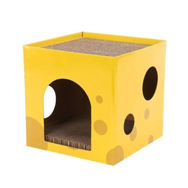 Imagem de IEUDNS Casa de papelão para gatos, casa de brincar, suprimentos para animais de estimação, arranhador ondulado para gatos, esconderijo para gatos, pequenos, Amarelo