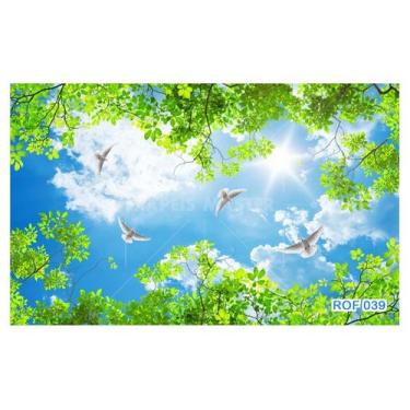 Imagem de Papel De Teto Céu Azul Nuvens Flores Pombas 3,5M Rof39 - Você Decora
