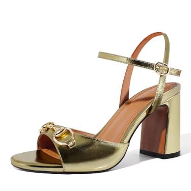 Imagem de iadore Sandálias femininas modernas de salto alto com tiras com fivela, bico redondo, bico aberto, vestido de verão tamanho 5-12 EUA, Dourado, 40