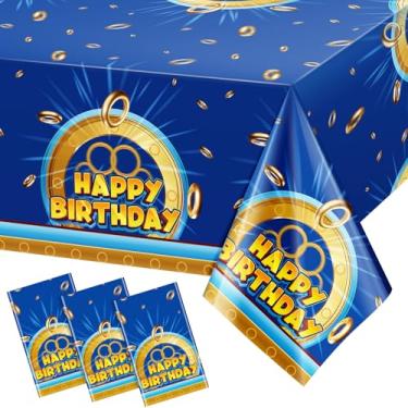 Imagem de Oudain Pacote com 3 toalhas de mesa de aniversário azuis e douradas, 137 x 272 cm, capas de mesa de plástico descartáveis, à prova d'água, para aniversário, videogame, festa, jogadores, suprimentos de