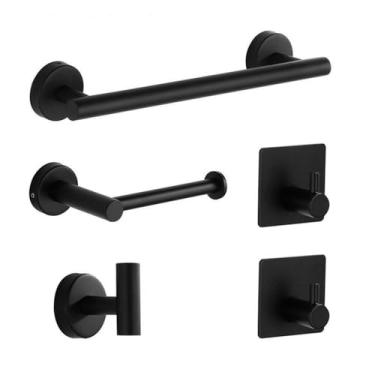 Imagem de Conjunto de Toalheiros de Aço Inoxidável - Suporte de Papel de Parede com Ganchos para Banheiro, Quarto e Cozinha | Kit de 4 Peças, Preto
