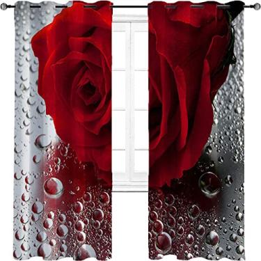 Imagem de Cortina blackout floral rosa vermelha, planta de flor elegante em fundo de gota de chuva cinza, tecido impermeável, para quarto, jardim de infância, sala de estar, L 132 x C 182 cm vermelho
