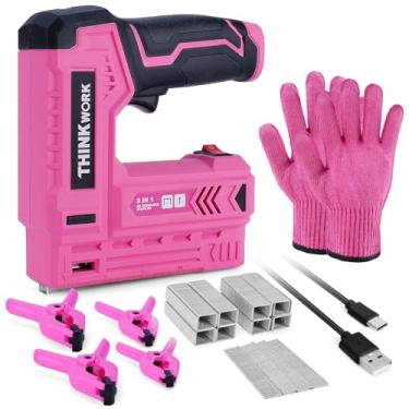 Imagem de THINKWORK Pistola elétrica rosa, 2 em 1, pistola de grampear sem fio para estofamento com 2.000 grampos e pregos, pregador elétrico de 4 V com carregador USB para madeira, carpintaria, artesanato,
