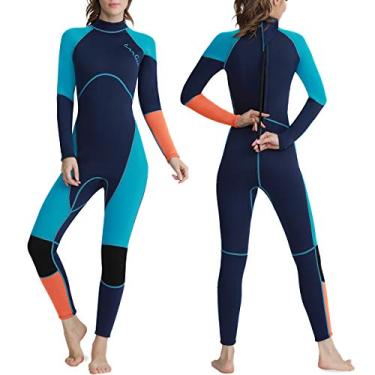 Imagem de OMGear Roupa de mergulho masculina e feminina de neoprene de 3 mm, proteção UV, peça única, manga comprida, traje de banho com zíper nas costas para mergulho, surf, snorkeling, natação (verde e