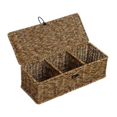 Imagem de Cesta de armazenamento de vime à prova d'água com tampa, cestas retangulares de tecido com seções, caixa decorativa para porta-tampões, lanches, brinquedos para banheiro (marrom)