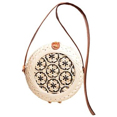 Imagem de SHAREYOIU Bolsas de ombro redondas de bambu tecidas à mão, estilo tropical de praia natural chique com alça de couro, 4 # preto, Big，7.87x 3.2 inch