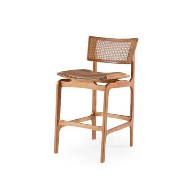 Imagem de Banqueta Alta de Madeira Essência Estofada com Encosto em Palha - Nobr