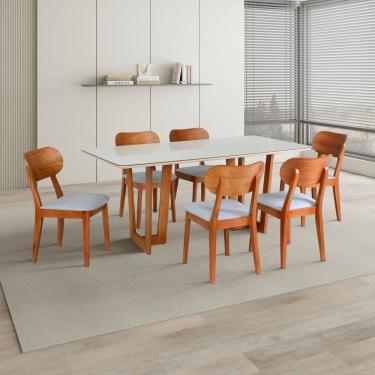 Imagem de Conjunto Mesa com 6 Cadeiras de Madeira Maciça Multilaminada e Estofada Authentic Espresso Móveis Champagnhe/Off White/Cinza