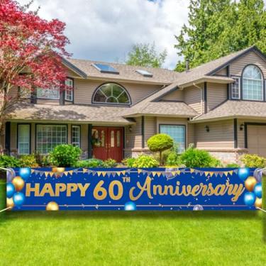 Imagem de Placa de banner de feliz aniversário de 60 anos - Grande decoração de festa de quintal ao ar livre, pano de fundo azul e dourado para homens e mulheres.