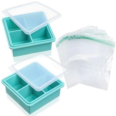 Imagem de Blushtier Conjunto de 2 moldes de silicone para freezer com 100 sacos de armazenamento de sanduíche e lanche para preparar refeições, armazenar lasanha, sobras, molhos, refeições em porções para