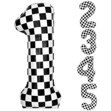 Imagem de 1 balão quadriculado de 101 cm, balão número 1 preto e branco para decoração de festa de 1º aniversário, suprimentos temáticos de pista de carro de corrida para meninos e meninas