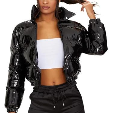 Imagem de Jaqueta Puffer Cropped Feminina Inverno Brilhante Zip Up Curto Bubble Puffy Coats, Black, L
