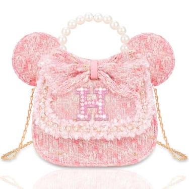 Imagem de Kejea Bolsa infantil para presentes infantis – Carteira infantil de princesa, bolsa transversal com flores de pérolas, bolsas de ombro fofas com inicial, rosa, H