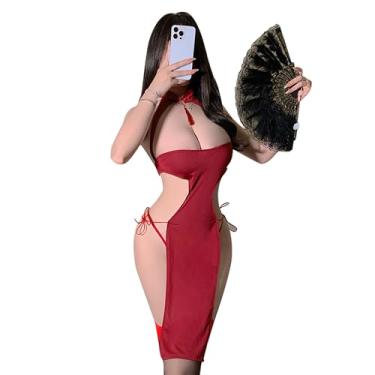 Imagem de SINMIUANIME Vestido Cheongsam Cosplay Sexy Chinês Qipao Estilo Tradicional Lingerie Anime Bodycon Traje Babydoll Camisola (8314Vermelho, Tamanho Único)