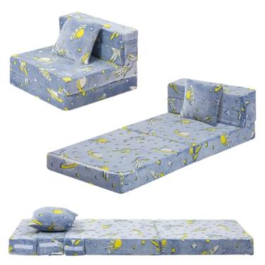 Imagem de MeMoreCool Cadeira Futon Dobrável para Crianças, Sofá-Cama Brilhante Tri-Dobrável Colchão de Sofá Infantil Conversível, Sofá de Espuma para Sentar, Azul