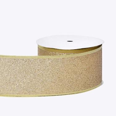 Imagem de YAMA Fita dourada com glitter para árvore de Natal 6,3 cm x 10 metros, fita metálica brilhante de Natal com fio para embrulho de presente, festa de casamento, laços de artesanato DIY e buquê de flores