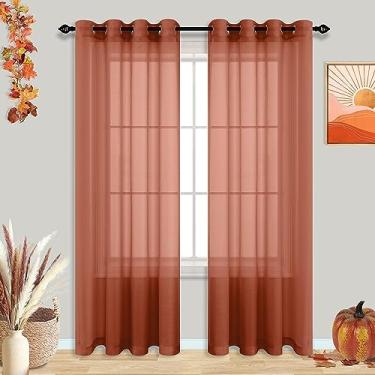 Imagem de Cortinas transparentes de terracota 213 cm de comprimento para sala de estar quarto ilhós boho arejado transparente de linho sintético boêmio ocre ferrugem tangerina janela voile cortinas