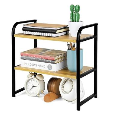 Imagem de UPRIMEASY Organizador De Prateleiras Mesa, Estante Armazenamento Escritório 2 Níveis Para Ajustável Madeira E Metal Escritório, Casa, Dormitório (Preto)