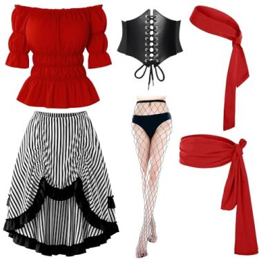 Imagem de Suhine 6 peças de blusa renascentista feminina fantasia de pirata espartilho cinto saia bandana cabeça cachecol meias arrastão (Médio)