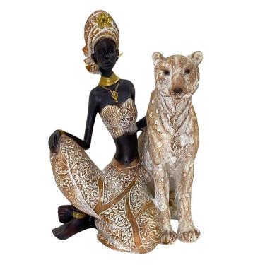 Imagem de Figura Decorativa Estatueta Africana Com Leopardo 25 x 18 x 17 Cm - 83-954