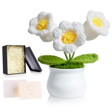 Imagem de ZHIYUXI Flor de orquídea em crochê artificial de lírio branco do vale, presentes para mulheres, flores eternas feitas à mão, flor de malha para painel de carro, decoração de escritório em casa