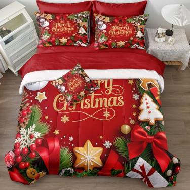 Imagem de Herside Conjunto de edredom de Natal, Queen, laço vermelho, boneco de neve, decoração de quarto de Natal com edredom, fronha, lençol de cima, lençol com elástico e capa de almofada, 8 peças para todas
