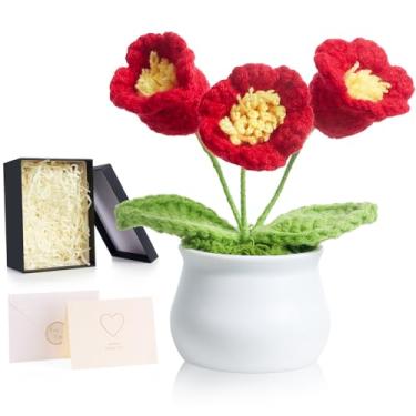 Imagem de ZHIYUXI Flor de orquídea em crochê artificial de lírio vermelho do vale, presentes para mulheres, flores eternas feitas à mão, flor de malha para painel de carro, decoração de escritório em casa