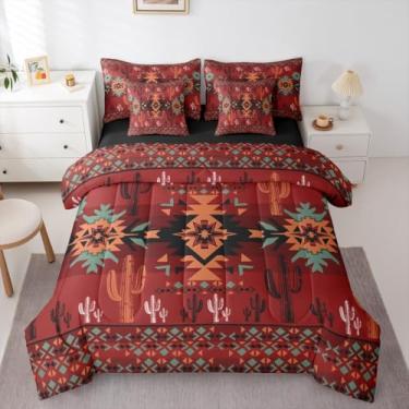 Imagem de Feelyou Conjunto de edredom asteca vermelho do sudoeste com lençol king size, geométrico, vintage, para meninos, meninas, adolescentes, boêmio, tribal, rústico, ocidental, exótico, cacto, 7 peças