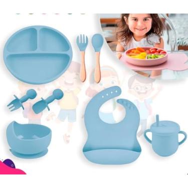 Imagem de Kit Introdução Alimentar Bebê 8 Peças de Silicone e Sem Pontas para Iniciação de Alimentos Livre de BPA Atóxico - Colher, Garfo, Copinho, Pote e Pratinho - Linha Premium (Kit Azul)