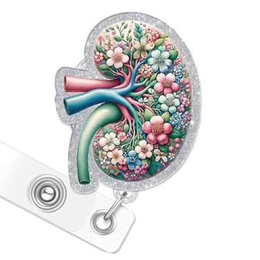 Imagem de Carretel de crachá de rim floral, carretéis de crachá de urologia retrátil com glitter com clipe jacaré para nefrologista urologista RN LPN CNA MA estudante de enfermagem urologia médica de nefrologia