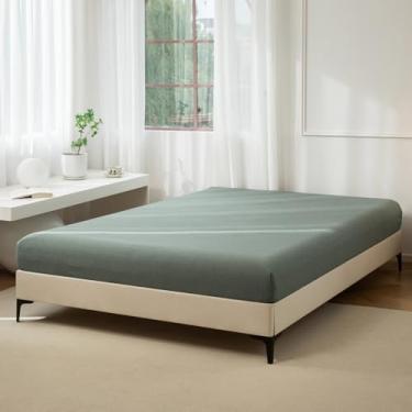 Imagem de JIYUAN 1 lençol com elástico 100% algodão lavado, lençol de baixo com bolso profundo para colchão de até 43 cm, confortável e respirável para todas as estações, tamanho Queen, verde mesclado