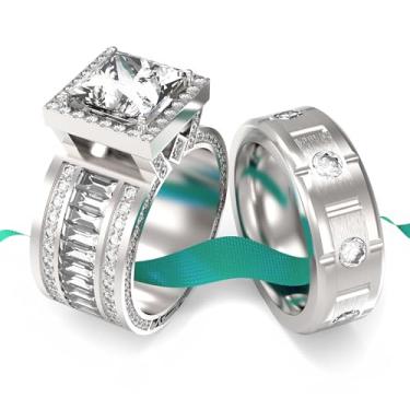 Imagem de LOVERSRING 2 peças para ele e ela conjuntos de anéis de casamento femininos banhados a ouro branco quadrado moissanite homem anel de casamento aliança de titânio para ele e ela, women's size 6 & men's