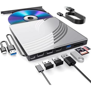 Imagem de Unidade externa de CD/DVD para laptop, gravador de CD ultrafino hub USB 3.0 com 4 portas USB, 2 compartimentos para cartão TF/SD, 1 porta tipo C, leitor de DVD para laptop compatível com Mac OS
