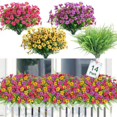 Imagem de MEIVINES 14 pacotes de flores artificiais de plantas para uso ao ar livre de seda falsa colorida mistura de samambaias margaridas resistentes a UV primavera verão decoração para jardim porta da frente