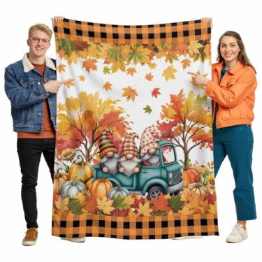 Imagem de Cobertor de cama de gnomo de caminhão agrícola para cama de outono de Ação de Graças com folhas de abóbora para cães, piquenique, praia, viagem, cama, cobertor de microfibra, 101,6 x 127 cm, xadrez