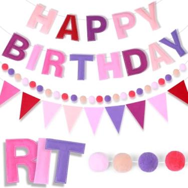 Imagem de Naozinebi Faixa de feltro de feliz aniversário de 4 cordas decoração de sinal de aniversário rosa faixa reutilizável estamparia pompom guirlanda pendurada pano de fundo decoração de parede para