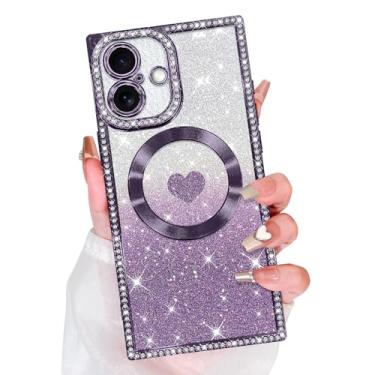 Imagem de Bonoma Glitter magnético para iPhone 16 [compatível com MagSafe], capa retangular de luxo com estampa de coração de amor, proteção de câmera, capa traseira macia brilhante para mulheres e meninas