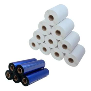 Imagem de Kit com 10 Rolos de Etiqueta Adesiva Papel Couchê 100x150 + 5 Ribbons Cera