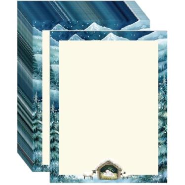 Imagem de 100 peças de papel timbrado para presépio natalino, borda religiosa, Natal, papel de papelaria, para anotações, cartas, papéis, convites, escritório, escola, 21 x 28 cm