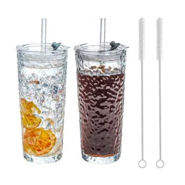 Imagem de Copos de vidro de 590 ml com tampas e canudos - Design elegante vintage canelado para café gelado, suco, vitaminas, milkshakes, bebidas frias e cerveja de coquetel de uísque (casca pura - textura)