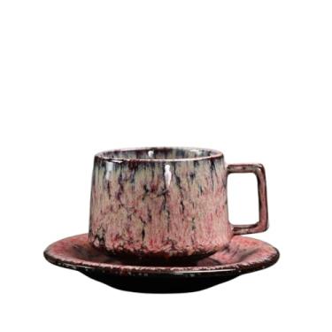 Imagem de Caneca de café de cerâmica Conjunto de xícaras café com pires cerâmica retrô caneca grés rosa