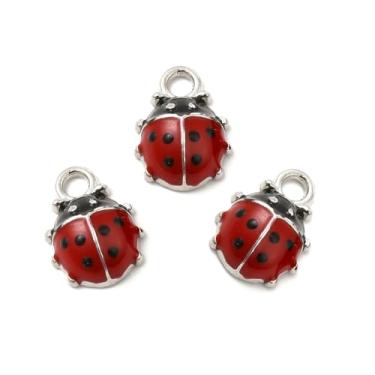 Imagem de Clotiry 100 peças de pingentes de joaninha esmaltados vermelhos e pretos com laço de prata fofos pingentes de metal de inseto para joias, brincos, artesanato, chaveiro