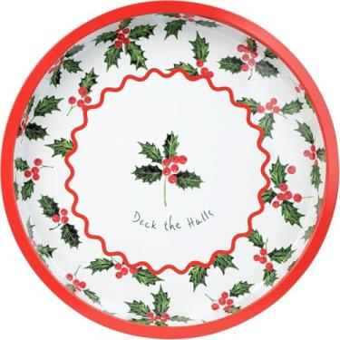 Imagem de Talking Tables Bandeja de servir redonda com design de azevinho de Natal para chá, café, bebidas, comida, sanduíches, decoração festiva de lata, design de utensílios de mesa, feriados de Ação de