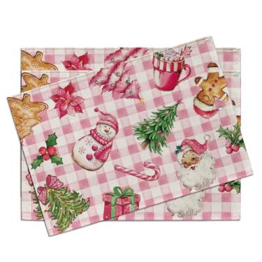 Imagem de Croar Conjunto de 4 jogos americanos para árvore de Natal rosa, Papai Noel, boneco de neve, pão de gengibre, cacau quente, poinsétia, decoração de mesa, decoração de mesa xadrez de búfalo de inverno