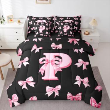 Imagem de Erosebridal Lindo conjunto de cama com laço rosa em uma bolsa, 7 peças, solteiro, para crianças, meninas, adolescentes, conjunto de edredom com lençol com monograma personalizado, preto e rosa